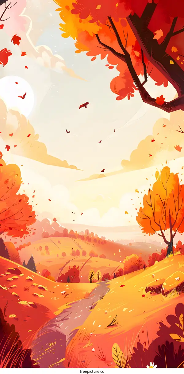 Autumn Landscape Illustration with Road and Trees