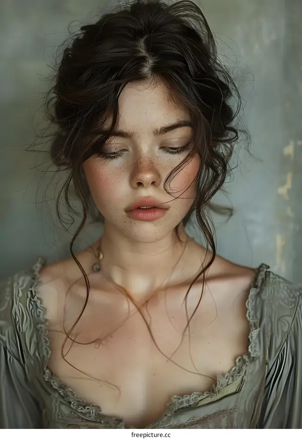 portrait of a young woman with freckles and brown hair