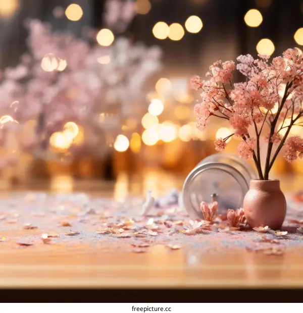 Pink Flower Bouquet in Vase on Glittered Table with Blurred Lights Background