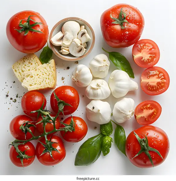 Fresh Tomatoes Garlic and Basil on White Background