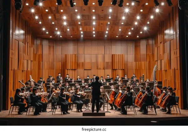 A large orchestra is performing on a stage.