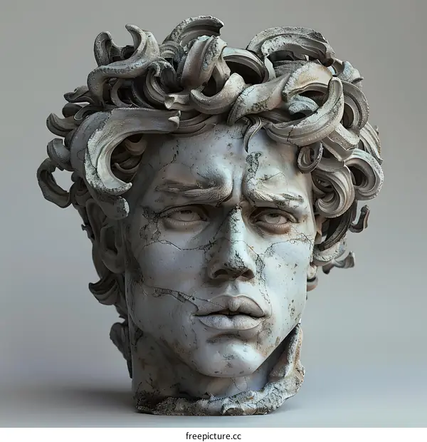 gray stone sculpture of a male head with curly hair