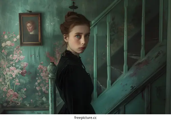 A girl with brown hair and blue eyes is standing in a room with green walls. There is a painting of a woman on the wall behind her.