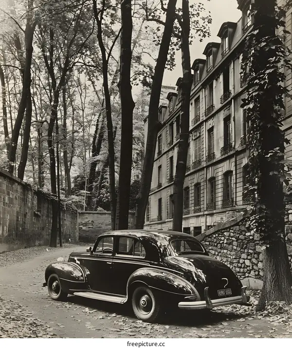 Black and White Photo of a Vintage Car Parked in Front of a Building in Paris