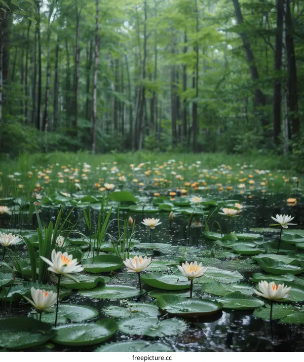Mystical pond with blooming lotuses in the middle of a dense forest