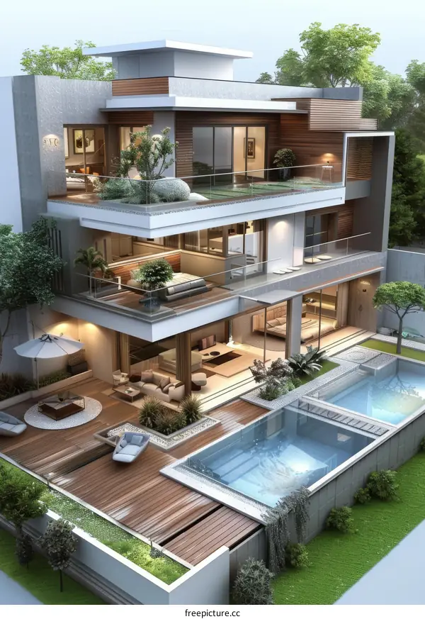 A 3D rendering of a two-story house with a pool