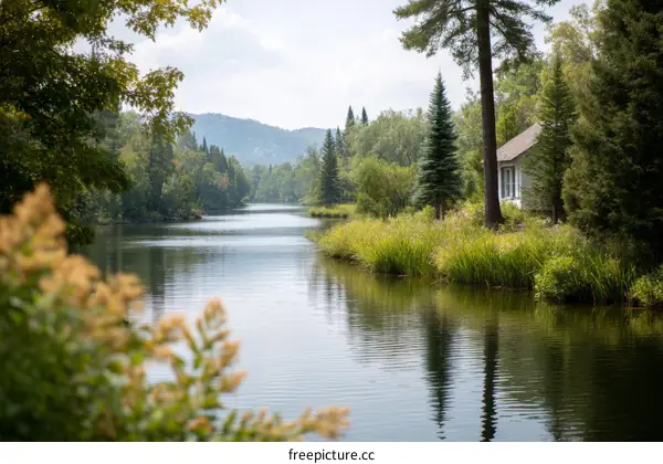 Serene River Landscape with Rustic Cabin