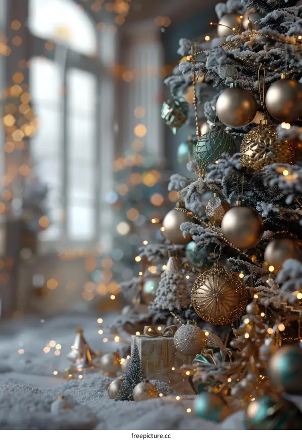 Christmas tree with golden and turquoise decorations