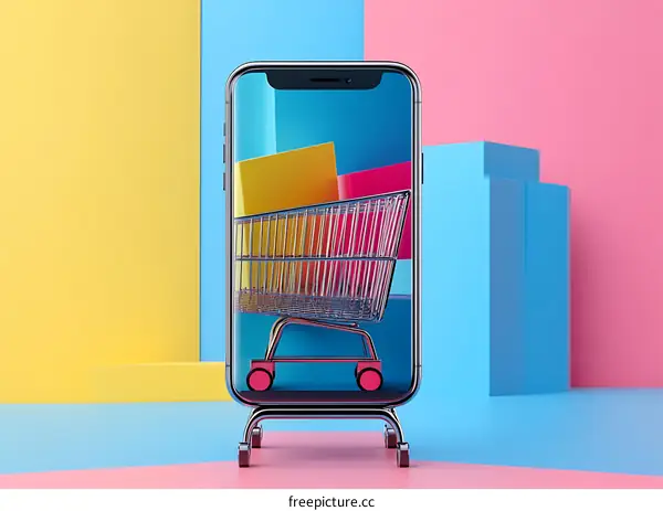 Mobile Shopping Cart  on Colorful Background