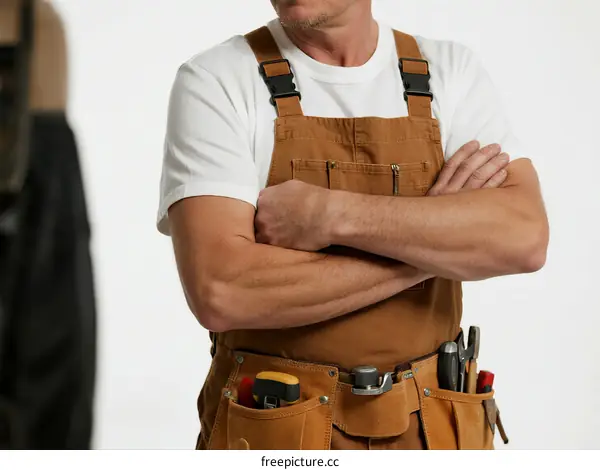 Man in work overalls with tool belt standing with arms crossed