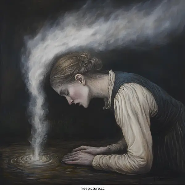 Woman Kneeling in Prayer With Smoke Rising From the Ground