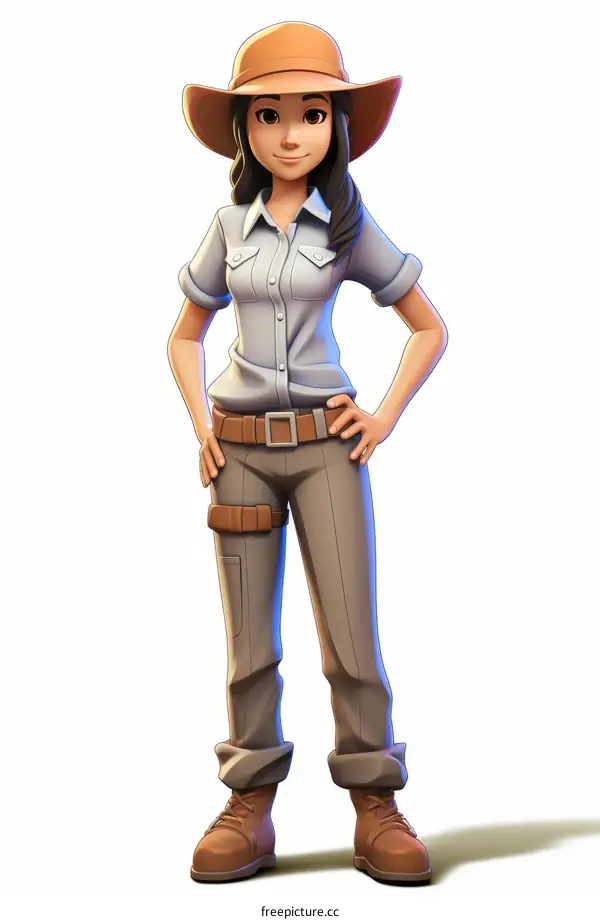 Female archaeologist in hat and khaki uniform
