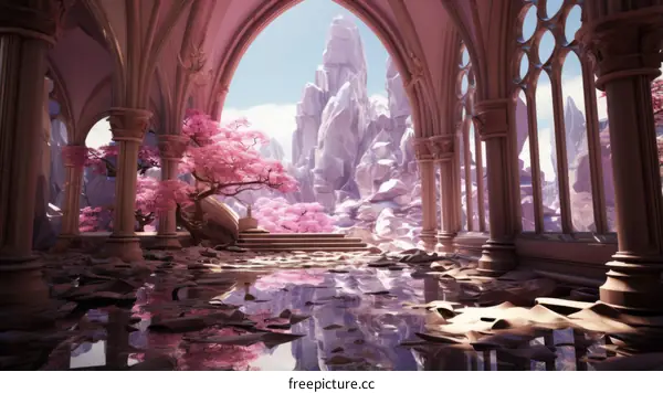 Pink fantasy landscape with cherry blossoms and mountains