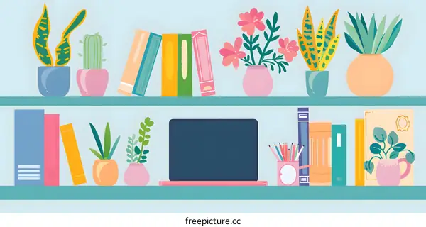 Home Office Shelf With Laptop and Plants