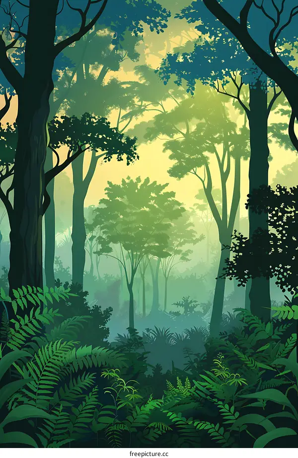 Green Forest Silhouette Illustration with Sun Rays
