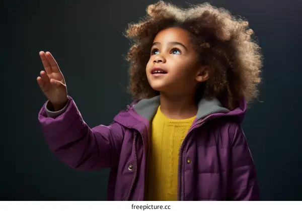 Little girl in purple winter coat looking up with wonder