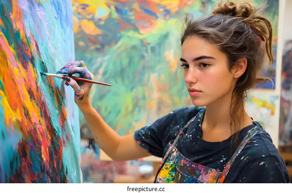 Young Woman Artist Painting Abstract Artwork in Studio
