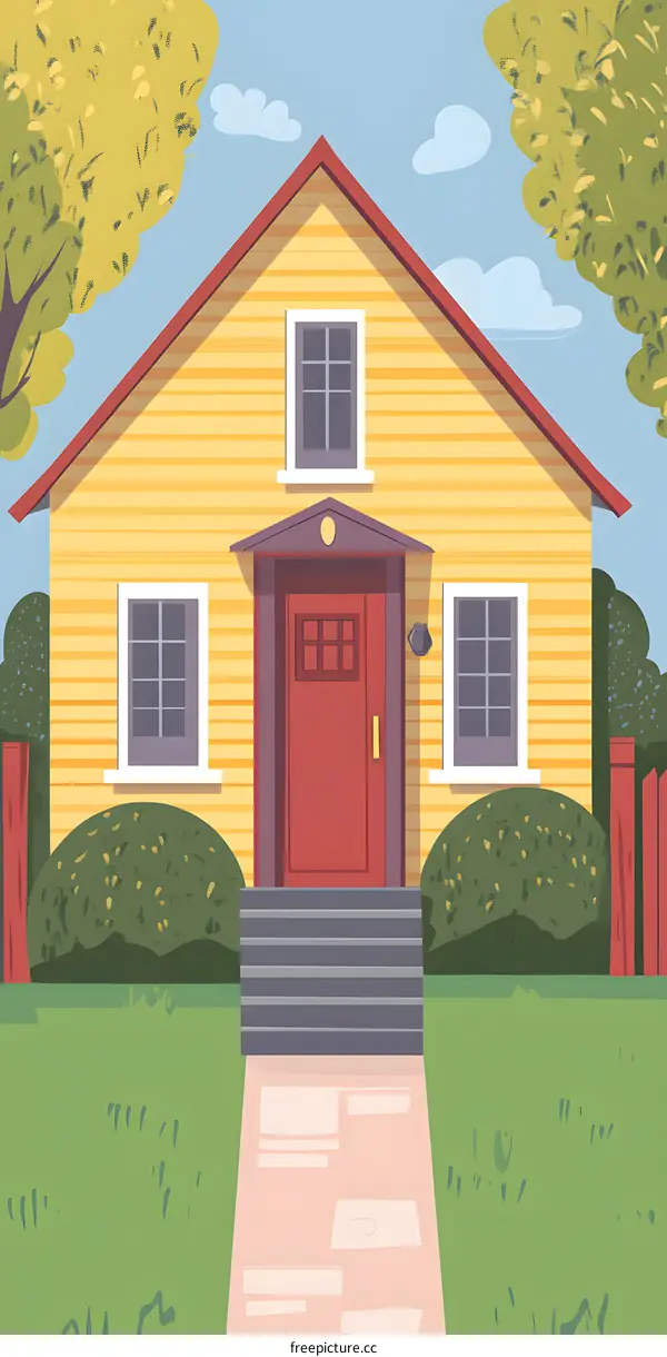 Yellow House with Red Door and Green Grass