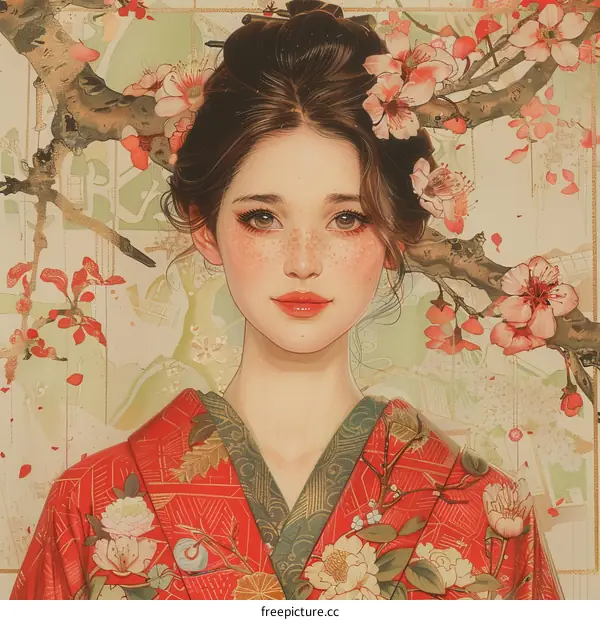 Portrait of a young woman in a kimono with cherry blossoms in her hair