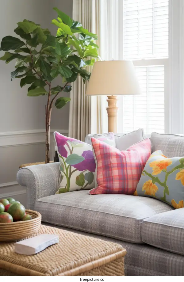 A living room with colorful throw pillows and a tree