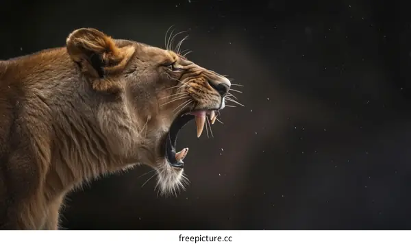 Close up of a female lion roaring with a dark background