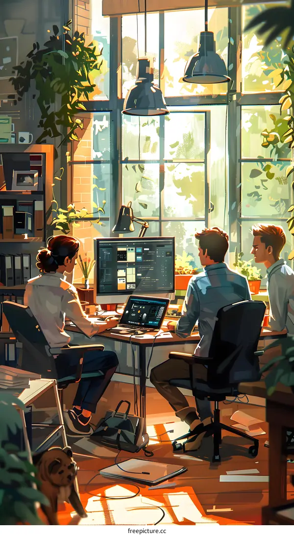 Three people working in a creative office space
