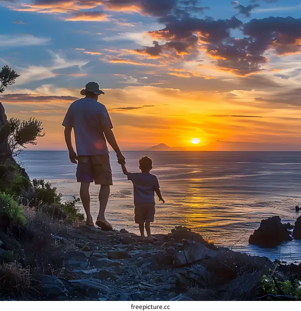 Father and Son Silhouettes Watching the Sunset over the Ocean