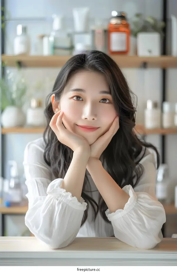 Smiling Asian Woman with Long Black Hair Sitting at Table
