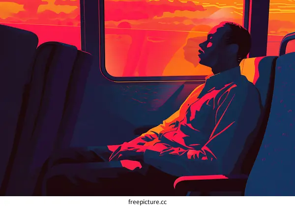 Man Sitting by Window on Train Watching Sunset