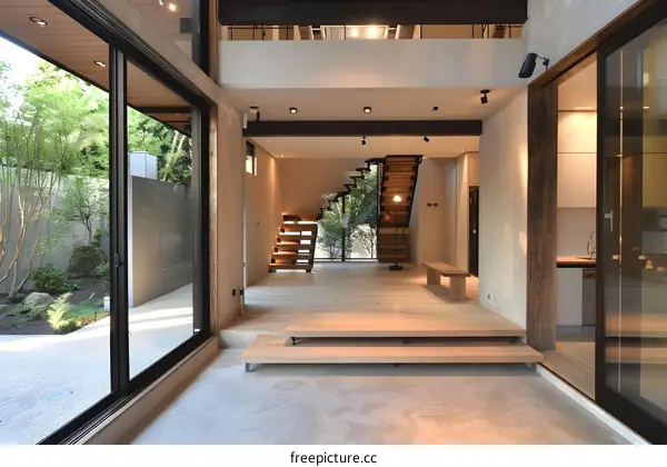 Modern Minimalist House Interior with Wooden Stairs and Sliding Doors