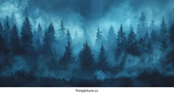 Dark Blue Foggy Forest Landscape
