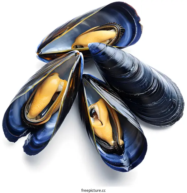Four opened blue mussels