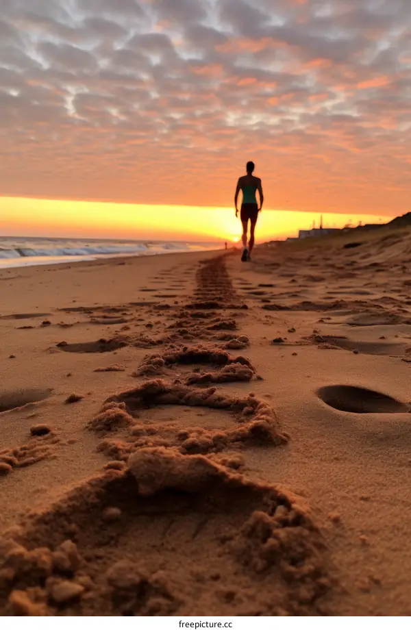 Footprints in the sand lead to a woman walking into the sunrise on the beach