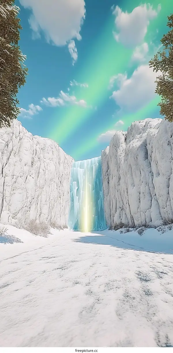 Snowy Mountains Landscape with Waterfall and Aurora Borealis