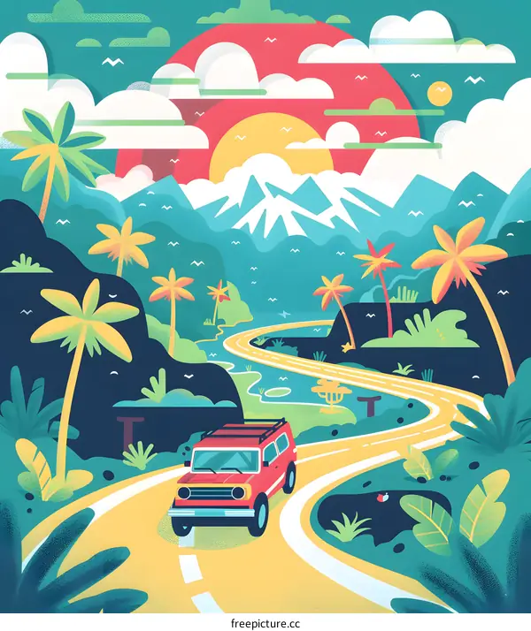 Tropical Landscape with Winding Road and Car