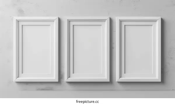 Three white frames on a white concrete wall