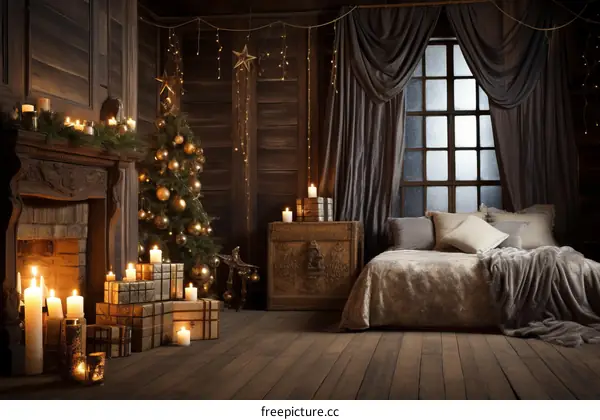 A cozy living room with a fireplace, Christmas tree, and presents