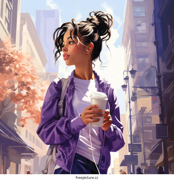 A young woman walking down the street with a coffee cup