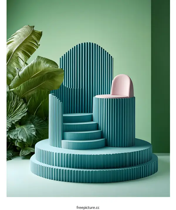 Teal and Pink Minimalist Stage Design with Leaves