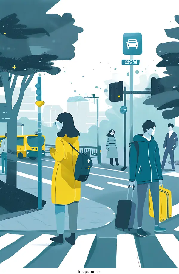 City Street Illustration With People Crossing Street