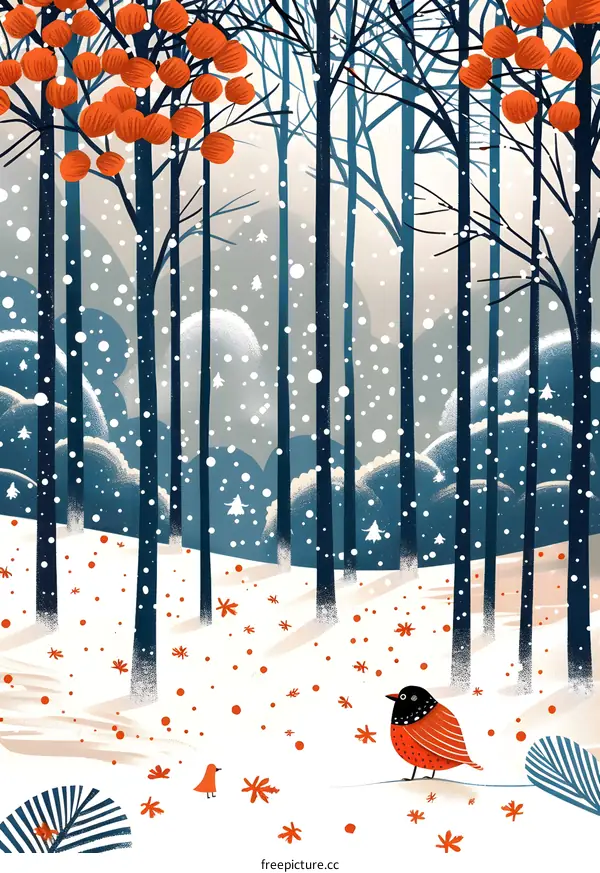 Winter Forest Landscape Illustration with Red Birds