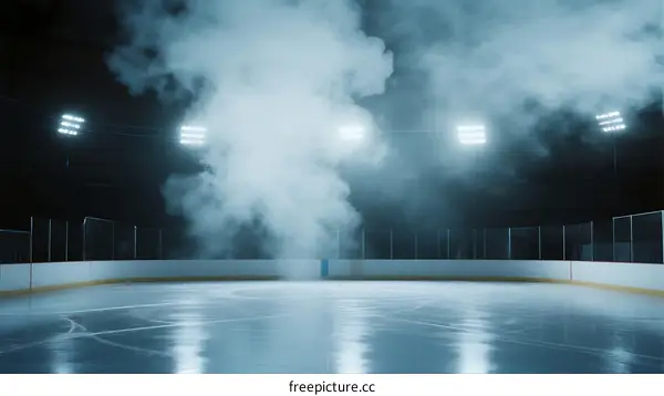 Indoor ice hockey rink with smoke and bright lights
