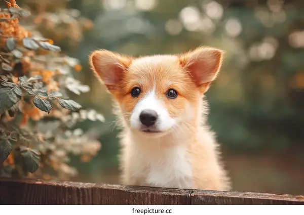 Adorable Puppy Peeking Over a Wooden Fence