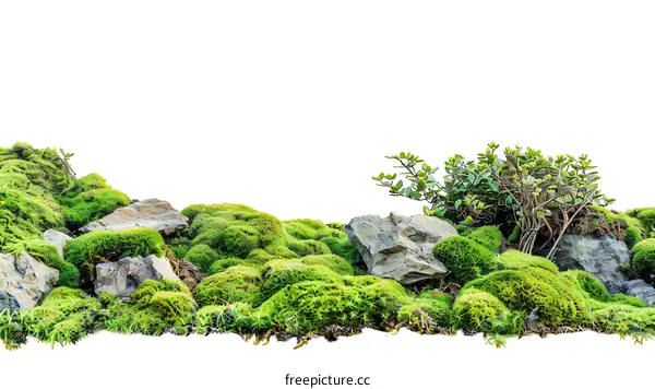Green Moss and Stones on White Background