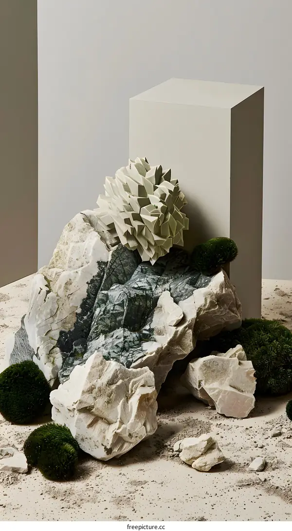 Abstract Minimalist Stone Sculpture and Moss