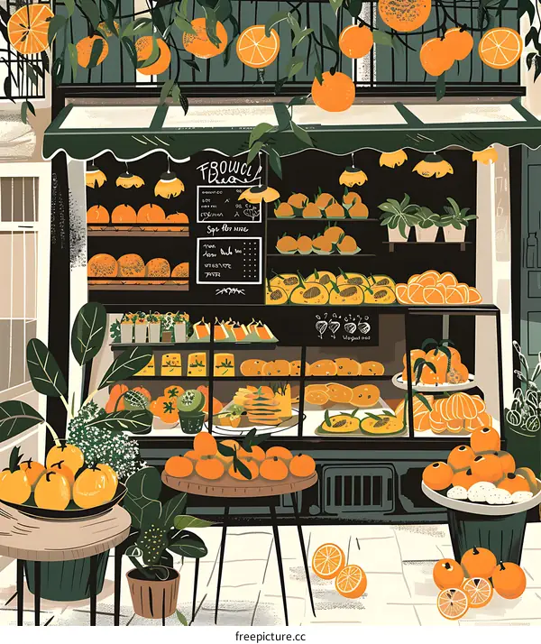 Illustration of a Fruit Stand in a City Setting