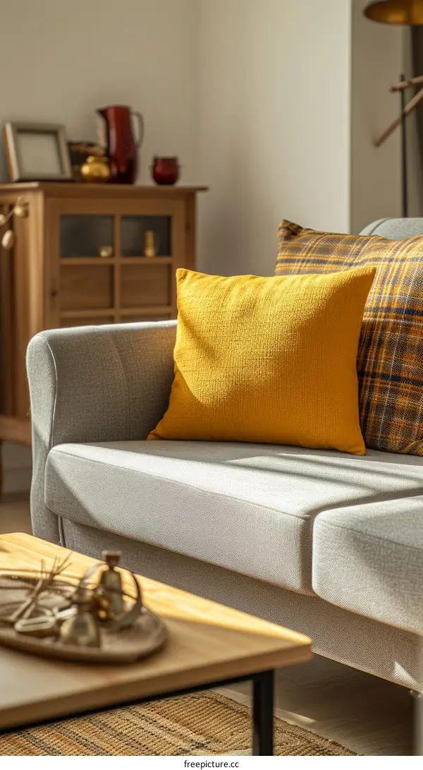 A cozy living room with a gray couch and a yellow pillow