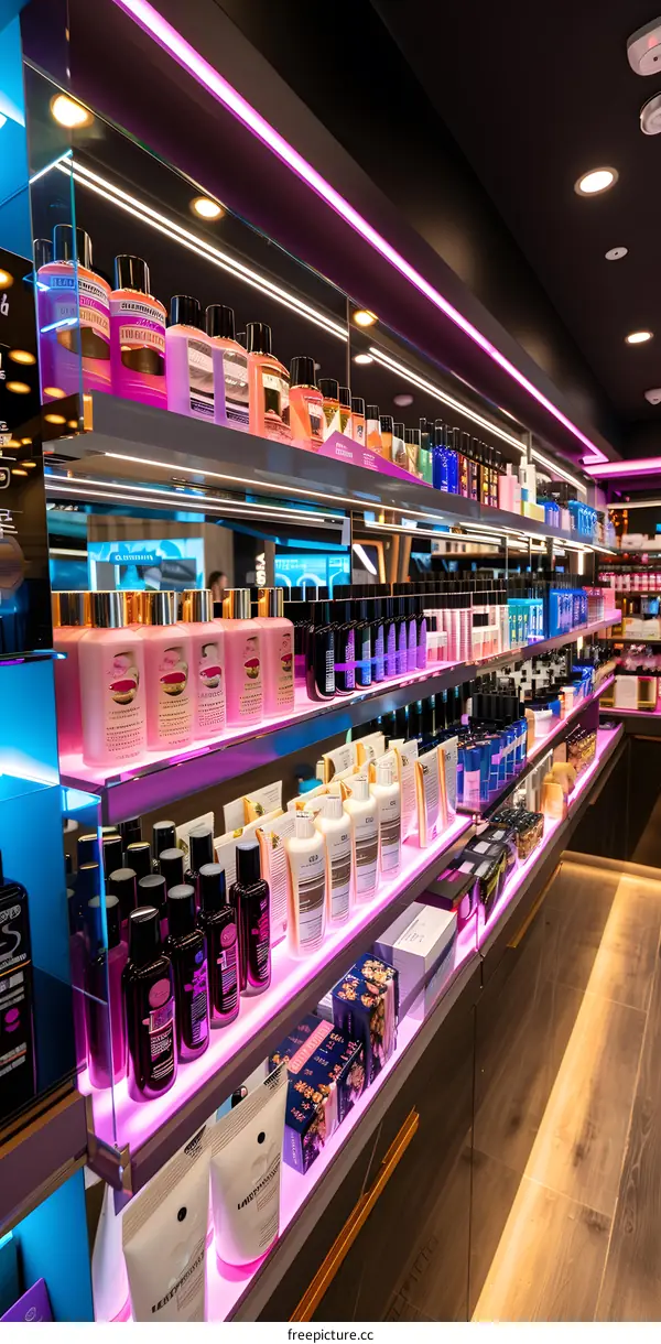 Pink Neon Light Shelf With Beauty Products