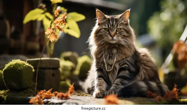 A ginger cat is sitting on a wooden stump in the forest