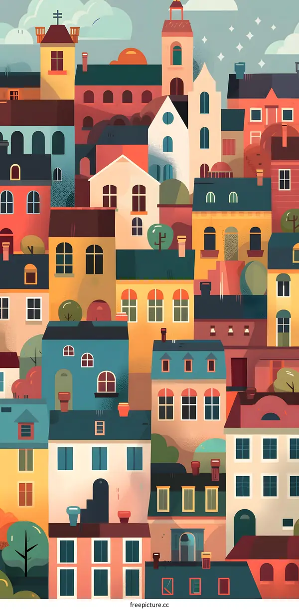 Colorful Illustration of a Cityscape with Buildings